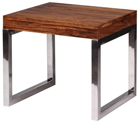 FineBuy Couchtisch 45x45x40 cm Sheesham Massivholz mit Chrom Gestell | Wohnzimmertisch quadratisch, kleiner Sofatisch mit Metallrahmen, Beistelltisch Echtholz handgefertigt, Unikat