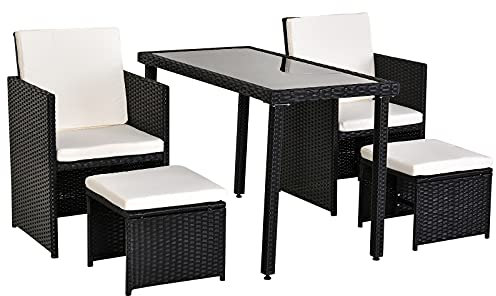 Outsunny Ensemble Salon de Jardin encastrable 2 fauteuils monoblocs + 2 tabourets + Table Basse résine tressée 4 Fils Coussins déhoussables crème Noir
