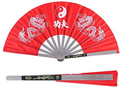 Nikou Tai Chi Fan, Stainless Steel Chinese Kung Fu Tai Chi Hand Folding Fan Arts Dance Practice Training Performance Fan Display Fans for Men/Women (Red)