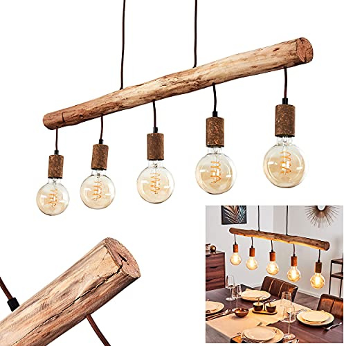 HOFSTEIN Pendelleuchte Gondo, längliche Hängelampe aus Metall/Holz und Schwarz/Holz, 6-flammige Deckenlampe mit Schirmen in Gitter-Optik, individuell verstellbar, E27, für Wohnzimmer, Esszimmer, Küche