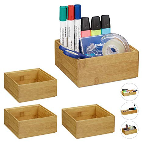 Relaxdays 4 x Ordnungsbox Bambus, stapelbar, natürliche Optik, Aufbewahrungsbox Küche, Bad, HxBxT: 6,5 x 15 x 15 cm, Natur