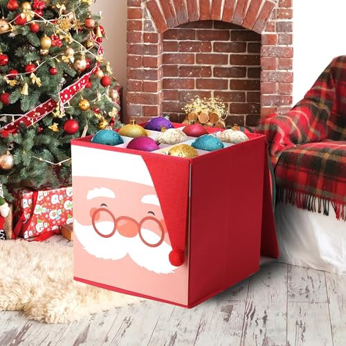 Just for Christmas Foldable Bauble Storage Box With Cardboard Dividers Xmas Ornaments Storage Cube Heavy Duty Collapsible Space Saving Plush Decoration Multipurpose Box Non Woven Fabric Folds Flat