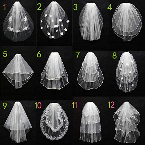 HHVEIL Hochzeitsschleier, weiß, Spitze, Brautschleier mit Kamm, viele Modi, Applikation, Blume, Band, mehrlagig, Hochzeit, Zubehör, weiß