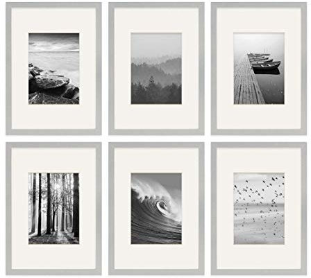 PHOTOLINI Marcos A4 21x30 cm plata madera MDF, set de 6 marcos para pósteres con paspartú 13x18 cm, cristal acrílico, para colgar y poner de pie, incluye accesorios - para fotos, láminas y pósteres