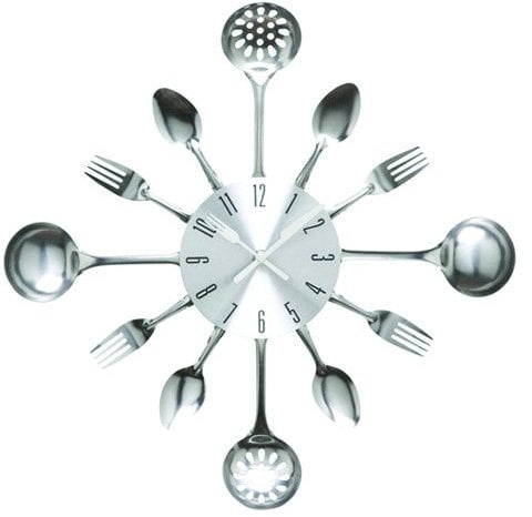 Timelike - Orologio da parete 40 cm in metallo, per cucina, motivo posate e utensili con cucchiaio forchetta, decorazione la casa moderna creativa, stile antico (argento
