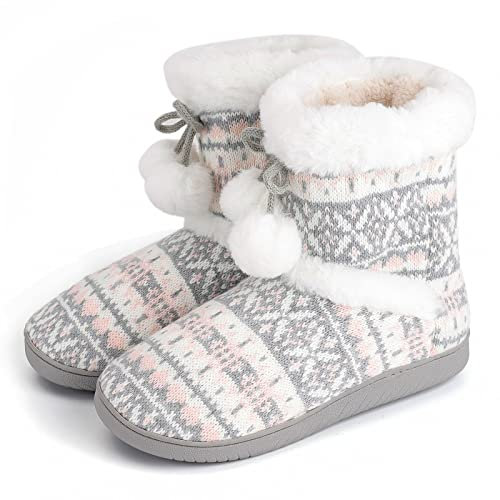 AONEGOLD® Chausson Montant Femme Homme Hiver Tricotée Fausse Fourrure Pantoufles Intérieur Chaud Peluche Doublure Bottes Antidérapant Maison Chaussons(Gris Rose,Taille 37-38)