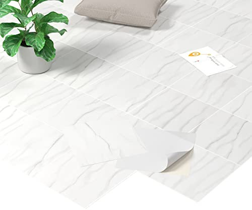 Homease PVC Bodenbelag Selbstklebende Marmoreffekt Vinylboden, Rutschfeste Wasserdichte Schneidbar Fliesenoptik Bodenfliesen für Küche Wohnzimmer Balkon, Matt Weiß 50 Fliesen 4.5m²