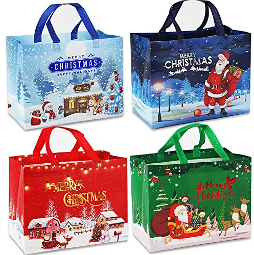 4 Pack Christmas Bags, Reusable Grocery Bag Tote Bag Gift with Handle Gift Present Bag Shopping Bag for Holiday Xmas Event Party