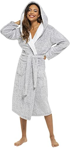 KATE MORGAN Ladies Dressing Gown Fluffy Super Soft Hooded Bathrobe for Women Plush Fleece Perfect Loungewear Long Robe | Gifts for Women L Grey