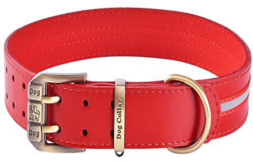Reflektierendes Echtleder Hundehalsband verstellbar weich gepolstert für kleine, Mittelgroße und Extra Große Hundehalsbänder (Rot, XL)