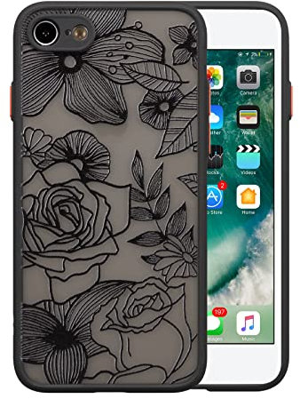 XIZYO Hülle für iPhone SE 2022/iPhone SE 2020/iPhone 8/iPhone 7, Transparent Matt Rose Floral Blume Muster Stoßfeste Handyhülle, Weiche TPU Stoßstange Schutzhülle, Schwarz