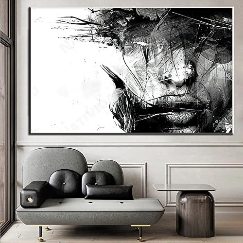 Leinwandbild XXL Abstrakte Kunst Schwarz-Weiß-weibliches Gesicht Leinwandmalerei Wandkunst Poster HD-Druckbild für Schlafzimmerdekor 42x60cm Rahmenlos