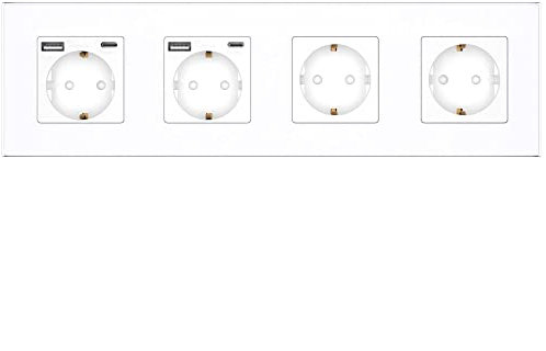 PULSAR Steckdose Unterputz mit USB-C, USB-A 4-Fach Weiß Glas - Schuko-Steckdose mit 20W Schnellladegerät - Wandsteckdose 16A mit Kindersicherung 299x86mm
