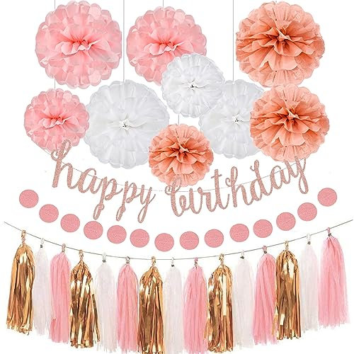 Geburtstagsdeko Rosa, 26 Stück Happy Birthday Girlande Set, Kindergeburtstag Pompons Deko für Mädchen, Happy Birthday Deko Wiederverwendbare Party Zubehör, Luftschlangen, Wabenbälle, Pompons Deko