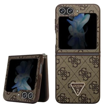 Guess GUHCZF5P4TDPW F731 Étui de Protection Rigide en Cuir pour Z Flip5 Marron 4G Triangle Strass