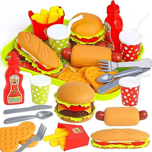 DERAYEE Burger Cuisine Jouets Alimentaires, Jeux de Cuisine de Maison pour Garçons et Filles, Frites Pizza-Enfants Jeu d'Imitation