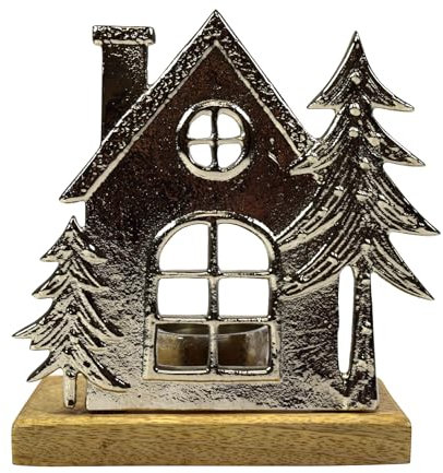 Teelichthalter Haus mit Tannenbäumen | Aluminium und Holz | Halter Metall | 13 cm