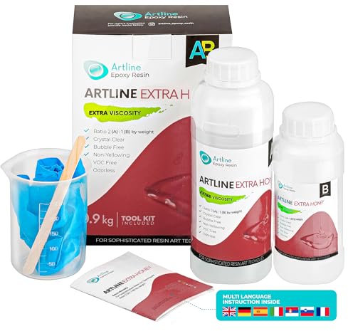 ARTline Transparentes Epoxidharz - Epoxidharz-Komplettset für Anfänger und Handwerker - Hohe Viskosität 0.9 kg, Verhältnis 2:1: Perfekt für Schmuck, Kunst und Handarbeit - Extra Honey