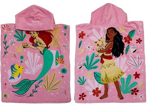 Offizielles Disney-Prinzessinnen-Kapuzenhandtuch, Poncho, superweiches Gefühl, Arielle und Vaiana-Prinzessinnen-Duo-Duo-Duo-Duo, Kinder-Bademantel, perfekt für Zuhause, Bad und Strand, Rosa, 100 %
