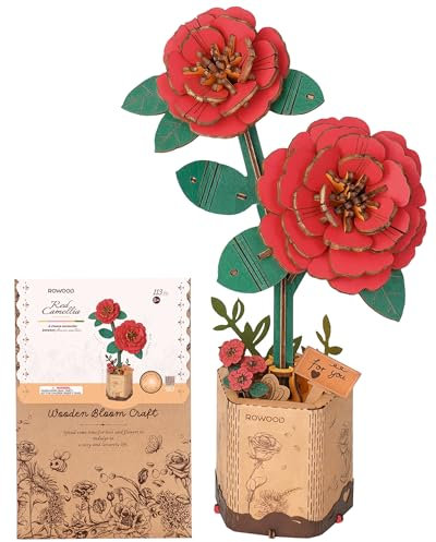 rowood 3D Puzzle Rote Kamelie, DIY-Blume Aus Holz, Modellbausätze Für Künstliche Blumen Zum Zusammenbauen Für Erwachsene, Beste Heimdekoration Und Valentinstags-Spielzeug-Geschenkset