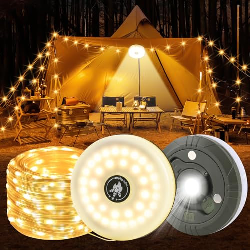 DAJILI Camping String Lights, 10M Outdoor String Lights with 8 Lighting Modes, Portable & Rechargeable Waterproof Stowable String Light, Camping Lanterns for Power Outages