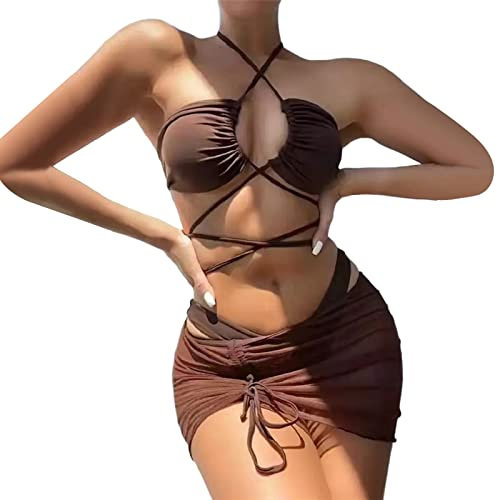 Frauen Casual Solid Hollow Strap Sexy Bikini Baderock Dreiteiliger Mesh-Badeanzug Armbanduhr Herren Flexibles Armband (Coffee, M)