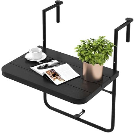 Multigot Balcony Hanging Table, Adjustable Folding Railing Side Table with Slatted Tabletop & 3 Adjustable Heights, Steel Frame Outdoor Coffee Tea Table for Balcony Garden Patio (Black)