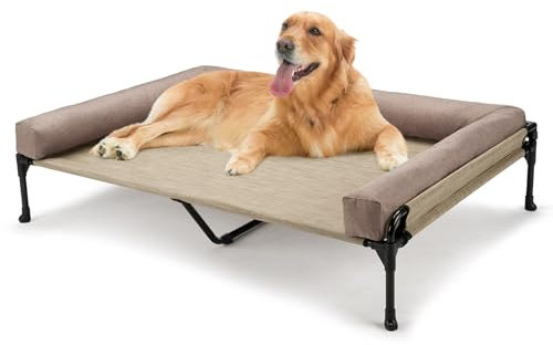Veehoo Elevated Dog Bed with Removable Bolster, Raised Dog Bed off Ground Elevated Dog Bed Portable Raised Pet Cot with Raised Sides Washable Mesh No-Slip Feet for Indoor Outdoor, Beige 120x74x23cm