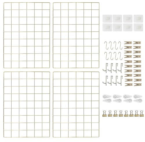 CIKLCIX Lot de 4 panneaux muraux en grille métallique pour photos - 44 x 29 cm - Cadre photo en maille métallique avec clips et crochets