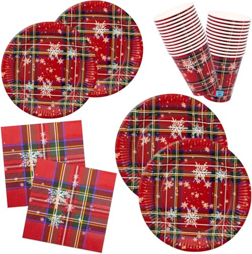 Piatti, Tovaglioli e Bicchieri di carta Natale Rosso scozzese 100 pezzi Piatti di carta da dessert usa e getta Set di Stoviglie monouso per feste