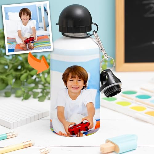 Transparent Gift Botella de Agua Infantil Personalizada con Foto de Niño o Niña para Colegio. Cantimplora Niños y Niñas. Regalos Originales de Cumpleaños y Vuelta al Cole. Aluminio con Tapón y Pajita