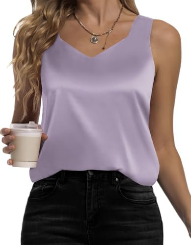 Karcermee Damen-Tank-Top, Seidensatin, V-Ausschnitt, Camisole lässig, ärmellos, Blusen, seidig, Basic-Tanks, Flieder, Groß