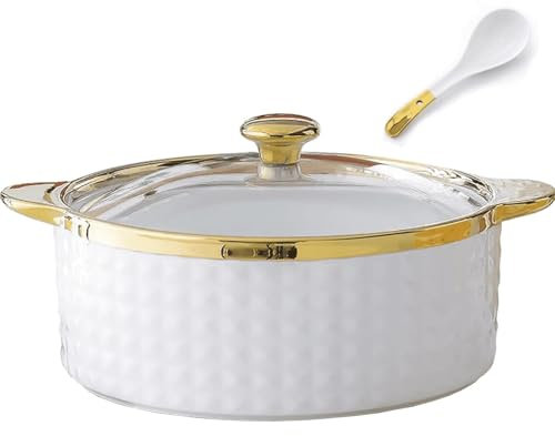 KRODEAIR Soupière avec Couvercle en Verre et cuillère, Bol à Soupe de Service en céramique de Grande capacité, Bols à Soupe de Service en Porcelaine à Bordure dorée avec Couvercle, Bol Rond Blanc,B