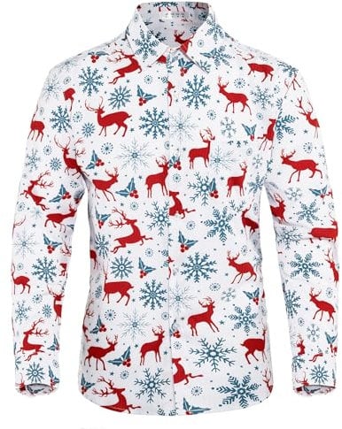APTRO Men's Shirts Long Sleeve Dress Shirts Casual Floral Shirt Wrinkle-Free Formal Regular Fit Shirts Christmas White XL