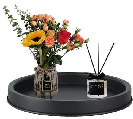WNYDTSOG Deko-Tablett rund 30 cm schwarz, Serviertablett aus Metall, Küchentablett, Kerzenteller, Frühstückstablett, Dekotablett,Servierplatte,geeignet für Küchen, Cafés und Restaurants