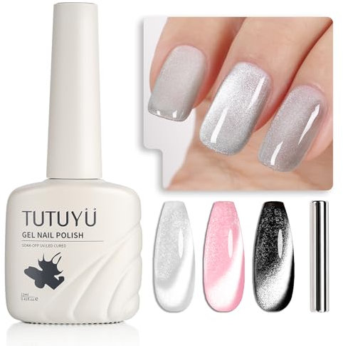 TUTUYU Silver White Crystal Cat Eye Gel Nail Polish,12 ml Holographic White Galaxy Gel Polish,Magnetic Silver Shimmer Cateye Gel Polish