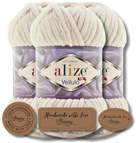 Hobby YARN 3x Etikettenlabel mit Alize Velluto Wolle Premium 3x100g als Set, Chenille Dicke Wolle zum Häkeln Uni Farbe Bulky Amigurumi Baby Kuschelwolle Filzwolle (Velvet Sand - 599)