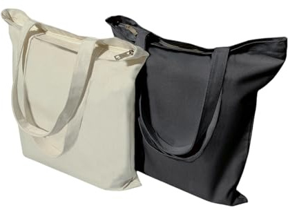 Mimain Bolsas de Tela Blanco-Negro con Cremallera y Bolsillo 35 * 40cm. Ideales para Compras, Universidad, Trabajo y Pintar. Tote Bag Grande y Resistente 345 g/m². Bolso Tela Blanca y Negra