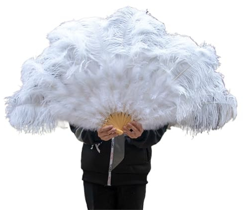 2Piece Ostrich Feathers Fans Foldable Hand Held White Plumes Fan Performance Fans Party Props Stage Show Props 100CM 130 CM(White,100CM_1PCS)