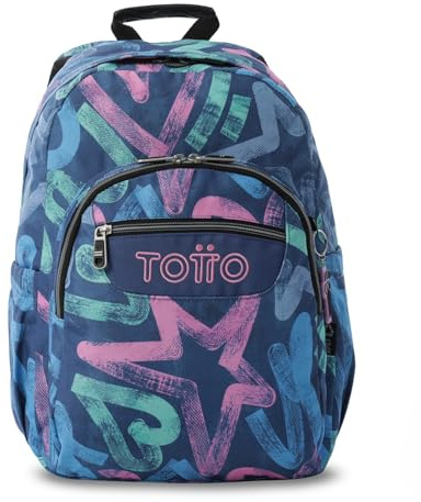 TOTTO - Mochila Escolar Adaptable a Carro, Modelo Acuareles Glitter, Capacidad 20L, Bolsillo para Pc 14, 2 Bolsillo Botella, Espaldar Ergonómico con Flujo de Aire, Correas en S, Estampado Roomin Azul