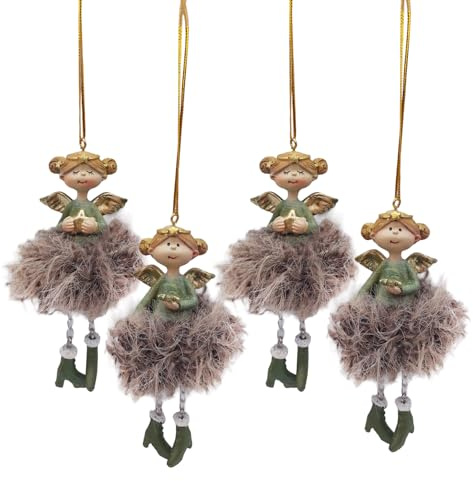 Weihnachtsengel-Anhänger Grün, Gold & Braun, 4er Set: Engel Deko zum Aufhängen, Weihnachtsanhänger, Schutzengel, Geschenkanhänger Weihnachten, Weihnachtsdeko Christbaum & Zweige, Geschenk Klein, 11 cm