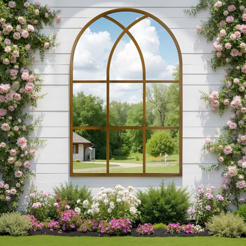 Reflix Bogenspiegel, 75 x 100 cm, Wandspiegel für Garten und Außenbereich, Antik-Stil, gotischer Bogenspiegel mit Aluminiumrahmen, für Flur, Wohnzimmer, Schlafzimmer, Eingangsbereich, Bronze