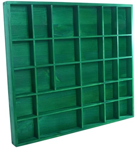 WooDeeDoo Wooden 28 Compartments Display Trinkets Shelf - Hand-Stained - Green - Satin - Boho Wall Vibe Figurines Rack Collectables Crystals Decorative Grid Tray - 45 x 40 x 3.5 cm