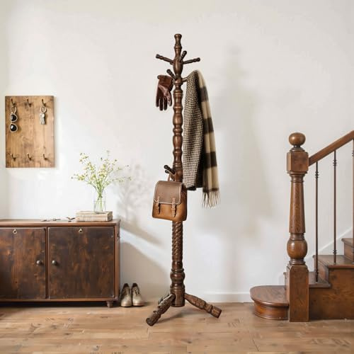 Bekrvio Porte-manteaux en bois d'eucalyptus, jusqu'à 75 kg - Porte-vêtements autoportant avec 11 crochets - Porte-manteau à lourde capacité pour vestes, chapeaux, couloir, chambre et bureau