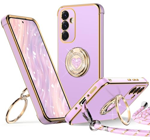 XYZ für Samsung Galaxy A57 5G Hülle mit Band, Lila | Herzen Doppelring Ständer HandyHülle, Frauen Mädchen Dünn Stoßfeste Case mit Handykette, Anti Kratzt SchutzHülle