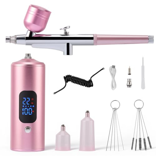 Kit aerografo con compressore, completamente senza fili con batteria, aerografo a 3 livelli fino a 38 PSI per torte, unghie, modellismo e body painting (Rosa)