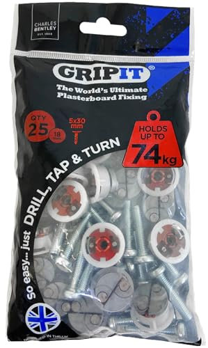 GripIt 162-2530 Fijaciones para pladur Red 18mm para paredes de entramado-carga m&aacutexima 74 kg (paquete de 25), 25 Pack