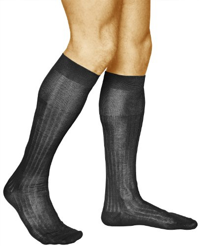 vitsocks Men's Fine Elegant 100% COTTON Knee High Long Socks (2 PAIRS) Ribbed Thin Formal Suit Dress Over-Calf Length