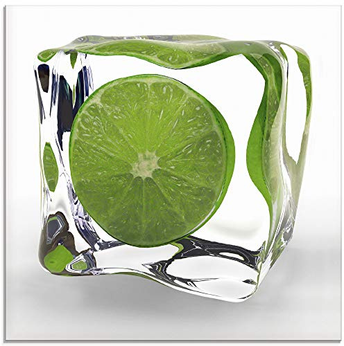 ARTland Wanddeko Glasbilder Wandbild Glas Bild einteilig Quadratisch Obst Früchte im Eiswürfel Cocktails Bar Sommer Limette Grün T5VW