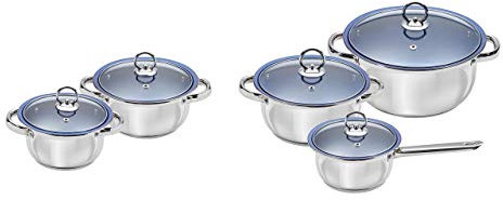 KING T1381B - Batteria di pentole Silver Line Deluxe, 5 pentole con coperchi, Rivestimento Antiaderente Blu in Greblon C3